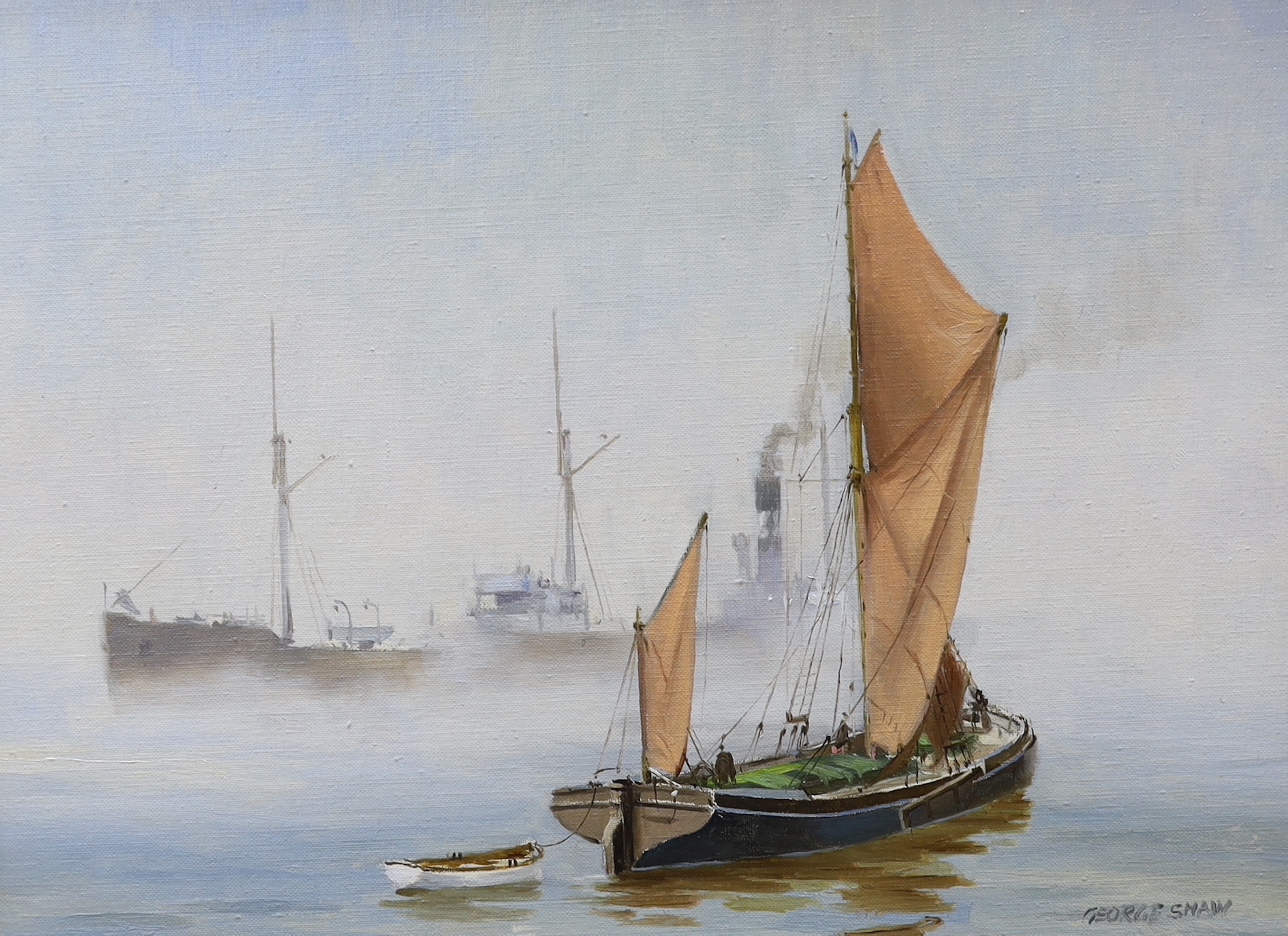 George Shaw (1929-1989), oil on canvas, Boats at sea, signed, Winsor & Newton stamp verso, 39 x 29cm